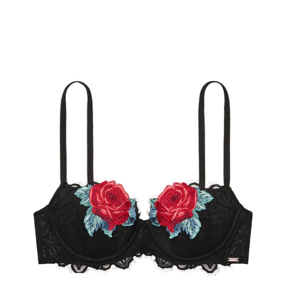 Victoria's Secret PINK Black with Red Roses Push Up Bra Size 32B EUC